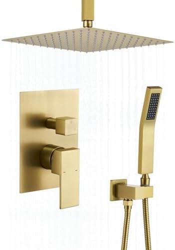 Shower Faucet Set Brushed Gold Shower System,RomceBath Shower Pressured Balance Brass Valve and Trim Kit 10 Inch Shower Head and Bath Handle Combo set Ceiling Mount Tub Shower Faucets Sets Complete