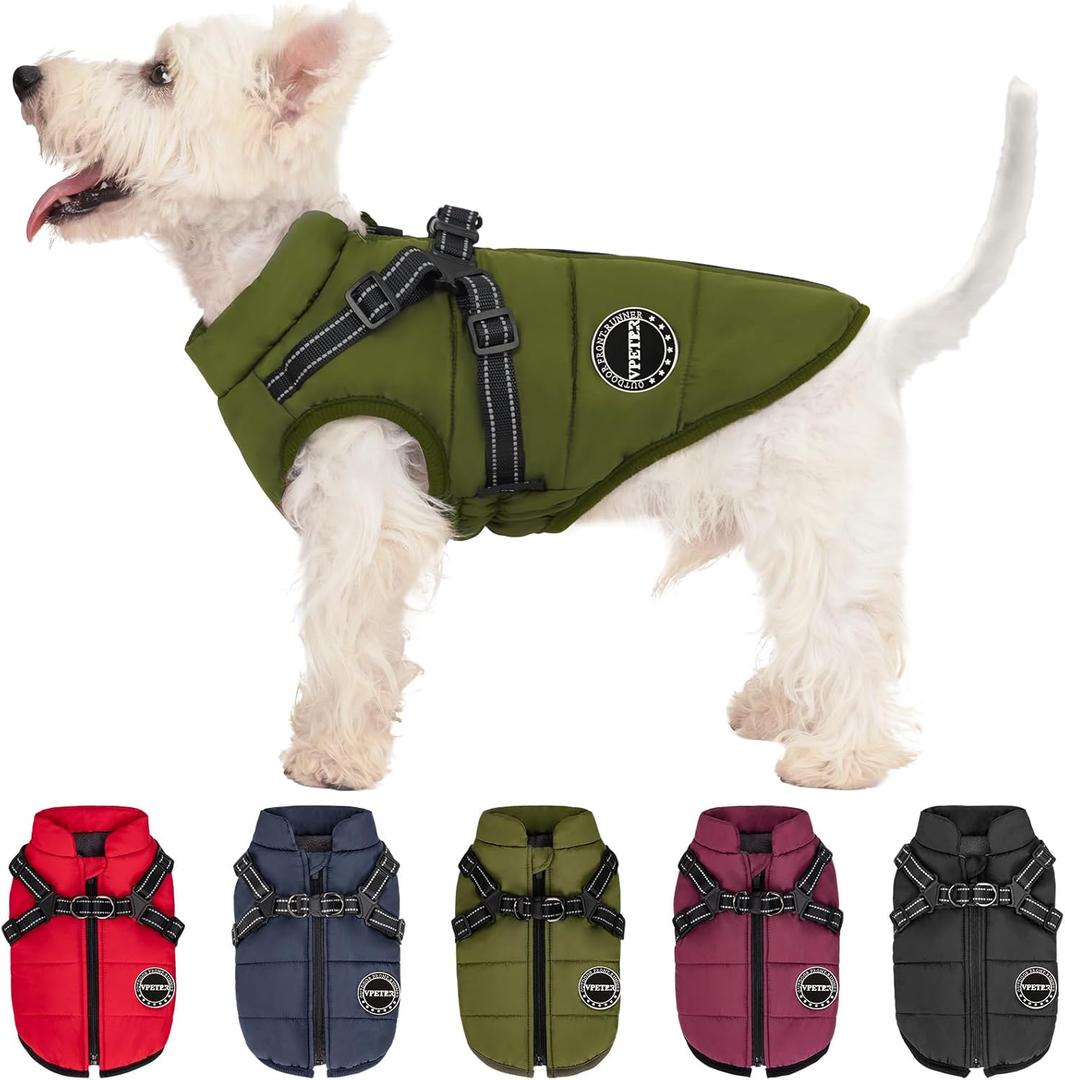 Dog Winter Coat,Warm Jacket Paded Fleece Dog Vest with Built in Harness,Windproof Reflective Cozy Adjustable Snow Pet Coat Clothes with Zipper for Small Medium Large Dogs (Green)