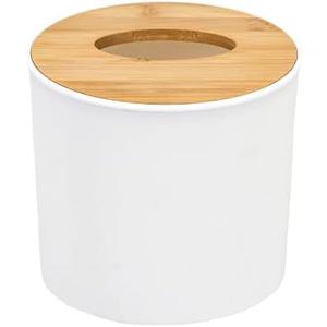 Bamboo Lid Round Tissue Holder Box 5x5'' – Decorative Toilet Paper Roll Dispenser & Dryer Sheet Case – Space-Saving Wood Organizer for Bathroom - for Paper Rolls Under 5 inches only