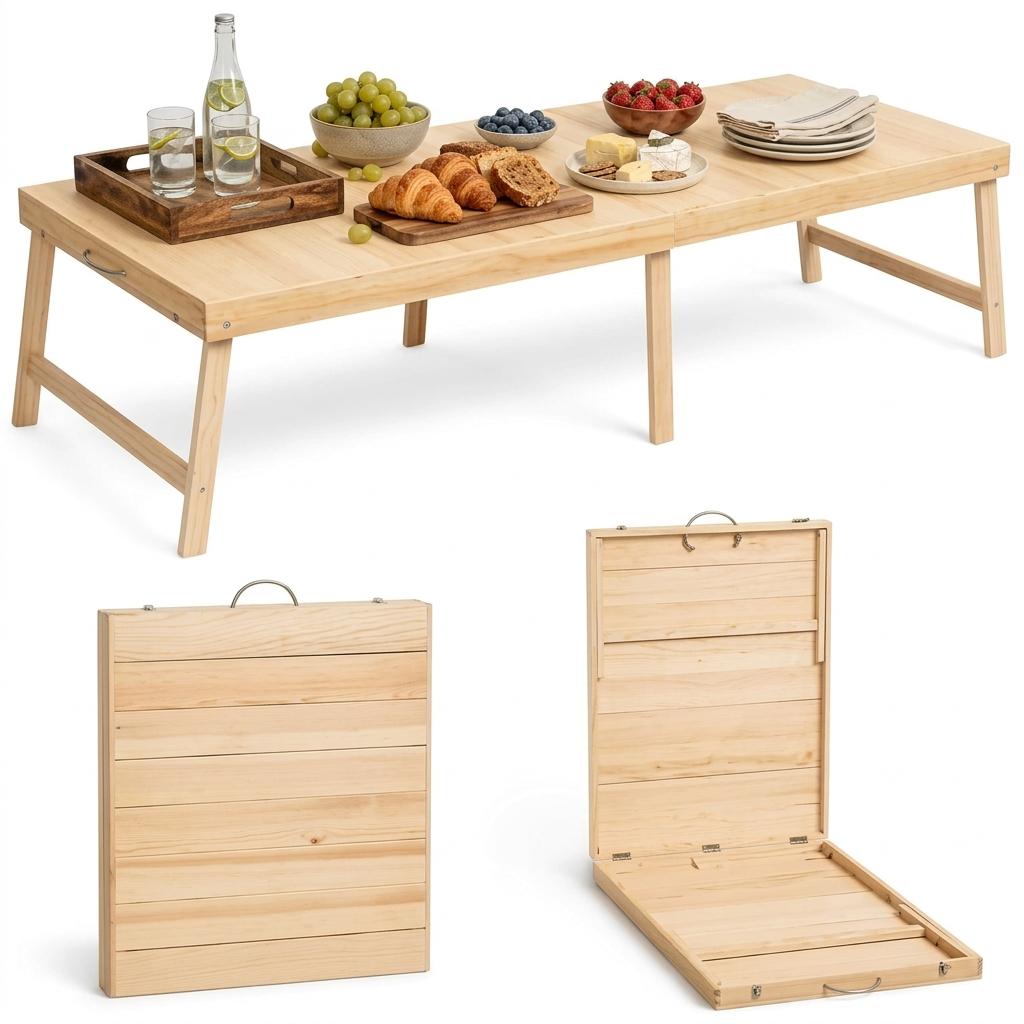 Boho Wooden Folding Picnic Table 80"x30"Low Portable Outdoor Camping Table
