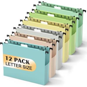 SHUTEX Extra Capacity Plastic Hanging File Folders,12 Pack Reinforced Hang Folder,Heavy Duty 2 Inch Expansion,Filing Cabinet Folders Letter Size for Bulk Files/Medical Charts (Morandi Colors)