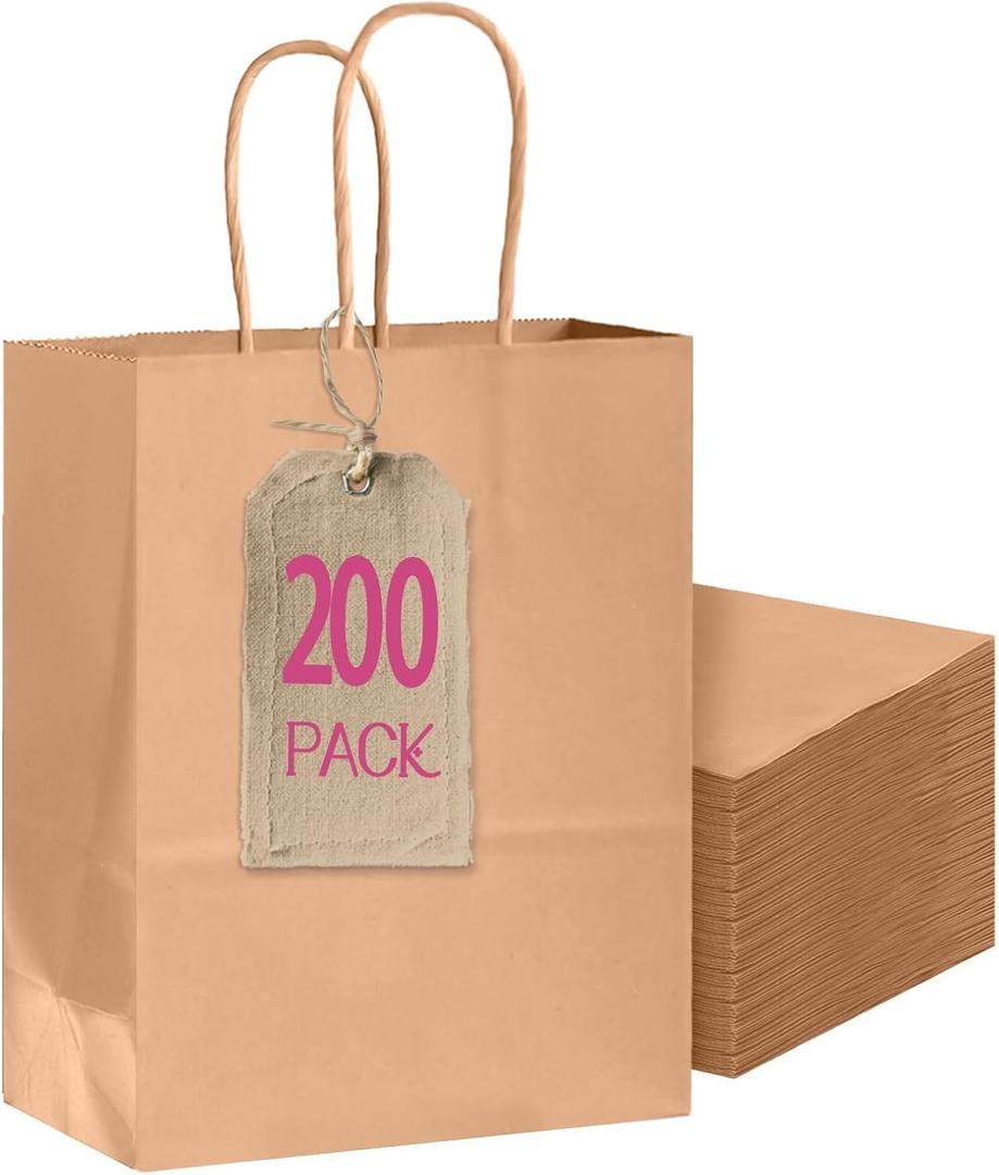 Bakepacker 200-Pack Medium Size Gift Paper Bags with Handles Bulk 10.6"x8.3"x4.3" Brown Party Kraft Shopping Bags, Medium-200pcs