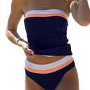 Beachsissi Bandeau Swimsuits for Women Strapless Swimwear Bathing Suits Tummy Control Color Block Tankini Sets, Navy Blue, L