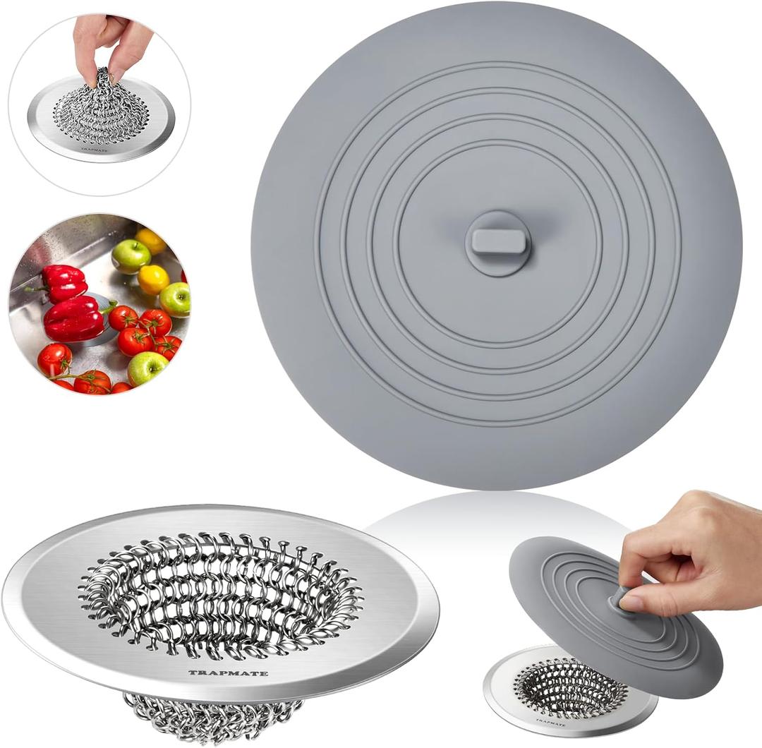 TRAPMATE Kitchen Sink Drain Strainer & Sink Stopper, Revolutionary Stainless Steel Drain Plug Combo, Anti-Clog Garbage Strainer Basket for US Standard Drains, Fits Single & Double Bowl Kitchen Sinks (Light Gray Silver)