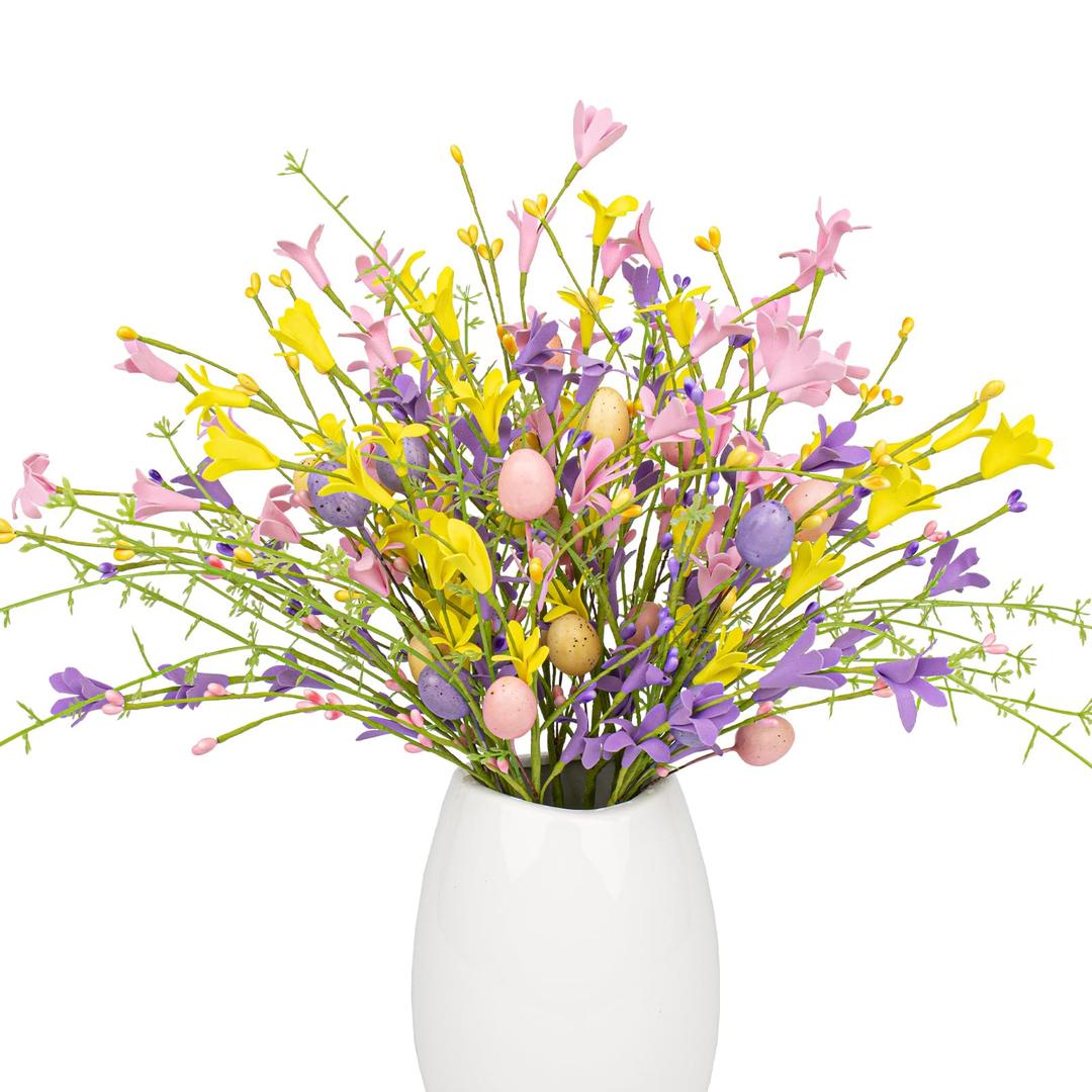 J'FLORU Easter Flower Decorations 12 Pack Easter Egg Picks Artificial Forsythia Flowers with Eggs for Floral Arrangements Table Centerpieces