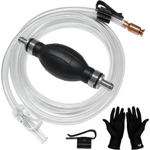 Fuel Transfer Pump, Gas Siphon Pump for Gasoline, Manual Hand Gasoline Transfer Pump for Fuel, Oil, Diesel, Water, Liquid, Fluid with 10 Ft PVC Siphon Hose, Brass, Pinch Clips and Gloves15mm
