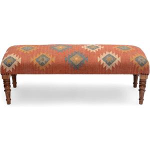 Acacia Wood Kilim Jute Fabric Upholstered Bench | Multi-Purpose Wooden Ottoman with Wool KD Jute for Living Room, Bedroom, End of Bed, Hallway & Entryway (Red, 16x47x17 Inch)