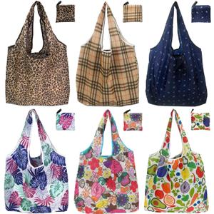 Reusable Grocery Bags, 6 Pack 50Lbs Foldable Fashion Washable Shopping Bags, Large Tote Bags For Groceries, Foldie Beach Bag, Foldable Travel Bag Gifts For Women