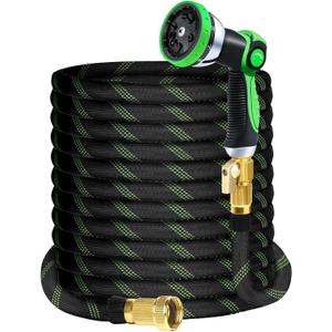 SUPCLUB 25Ft Non-Expandable Garden Hose with 3750D Oxford Fabric, Multi-Layer TPE Tube, 10 Function Nozzles, Flexible, Lightweight, Kink-Free, Leak-Proof, Sturdy Water Hose with Strong Brass Connector