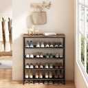 INGIORDAR Shoe Rack Organizer 5 Tier Metal Organizer Shelf with Industrial MDF Board and Layer Fabric for Entryway Closet Bedroom Living Room Garage,Black & Rustic Brown (Black+Rustic Brown, 5 Tier)