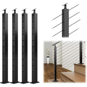 Muzata 4Pack Black Stair Cable Railing Post 36 Inch for 25-35 Degrees Stair 36"x2"x2" Surface Mount T304 Stainless Steel Cable Railing System Kit Indoor Outdoor with Paper User Guide
