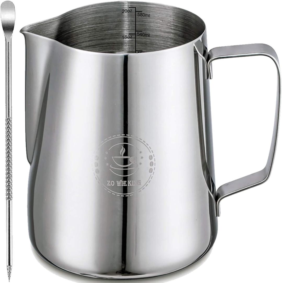 Milk Frothing Pitcher 20oz,Espresso Steaming Pitchers 600ml,Espresso Machine Accessories,Milk Frother cup 20 Oz, Coffee Cappuccino Latte Art,Stainless Steel Jug Cup with Decorating Art Pen