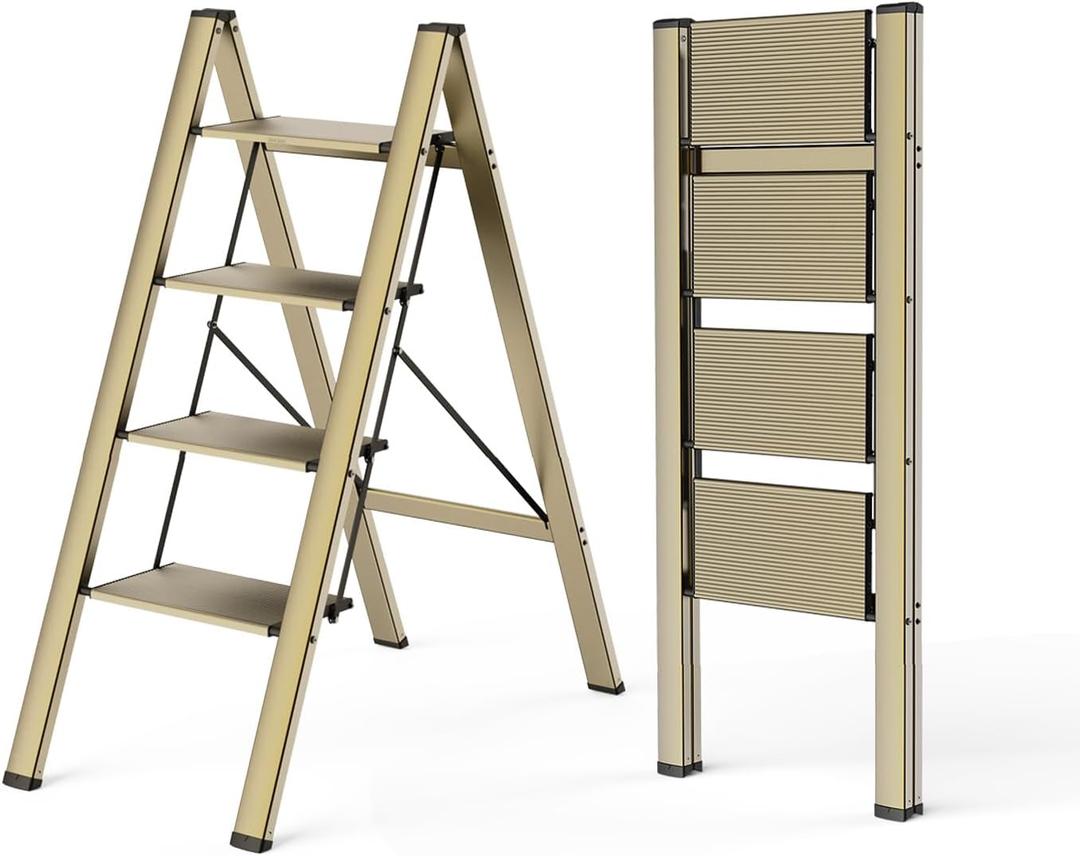 WOA WOA 4 Step Ladder, Foldable Step Stool, Aluminum Lightweight Ladder for Home Kitchen Closet, Anti-Slip Pedals, Ease of Folding, Portable, 300lbs Capacity - Gold