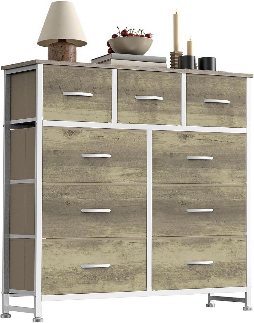 Sweetcrispy 9 Drawer Fabric Dresser Storage Tower with Wood Top and Steel Frame, Organizer Chest with Easy Pull Handles for Bedroom, Closet, Hallway,Oak Greige, 11.8"D x 39.6"W x 39.8"H (9 Drawers)
