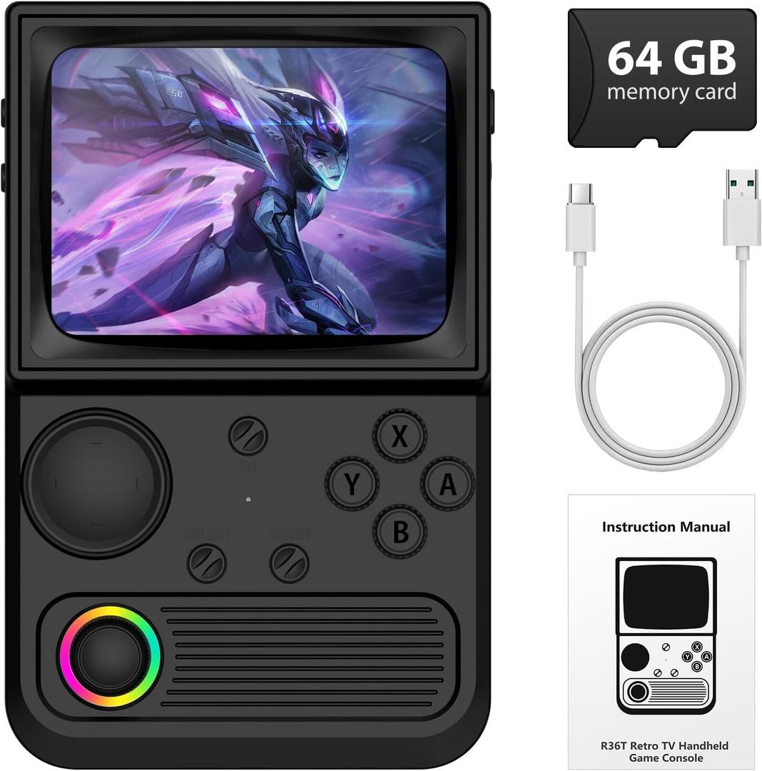 R36T Retro Handheld Game Console, Portable Retro Gaming Console with 3.5” CRT-Inspired Screen, 3500mAh Arcade Classics, Supports Multiple Mainstream Emulators, WiFi Network Battling, 64GB (Black)