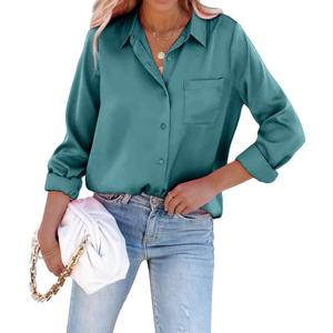 Satin Button Down Shirts for Women Long Sleeve Slim Fit Office Blouses Casual Business Silk Tops with Pocket S-XXL