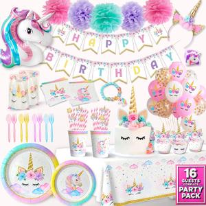 152 Pc Unicorn Birthday Decorations Set for Girls  Complete Unicorn Party Decorations Supplies Kit with Plates, Cups, Napkins, Balloons, Banner, Headband, Tablecloth  Magical Rainbow Party for Kids