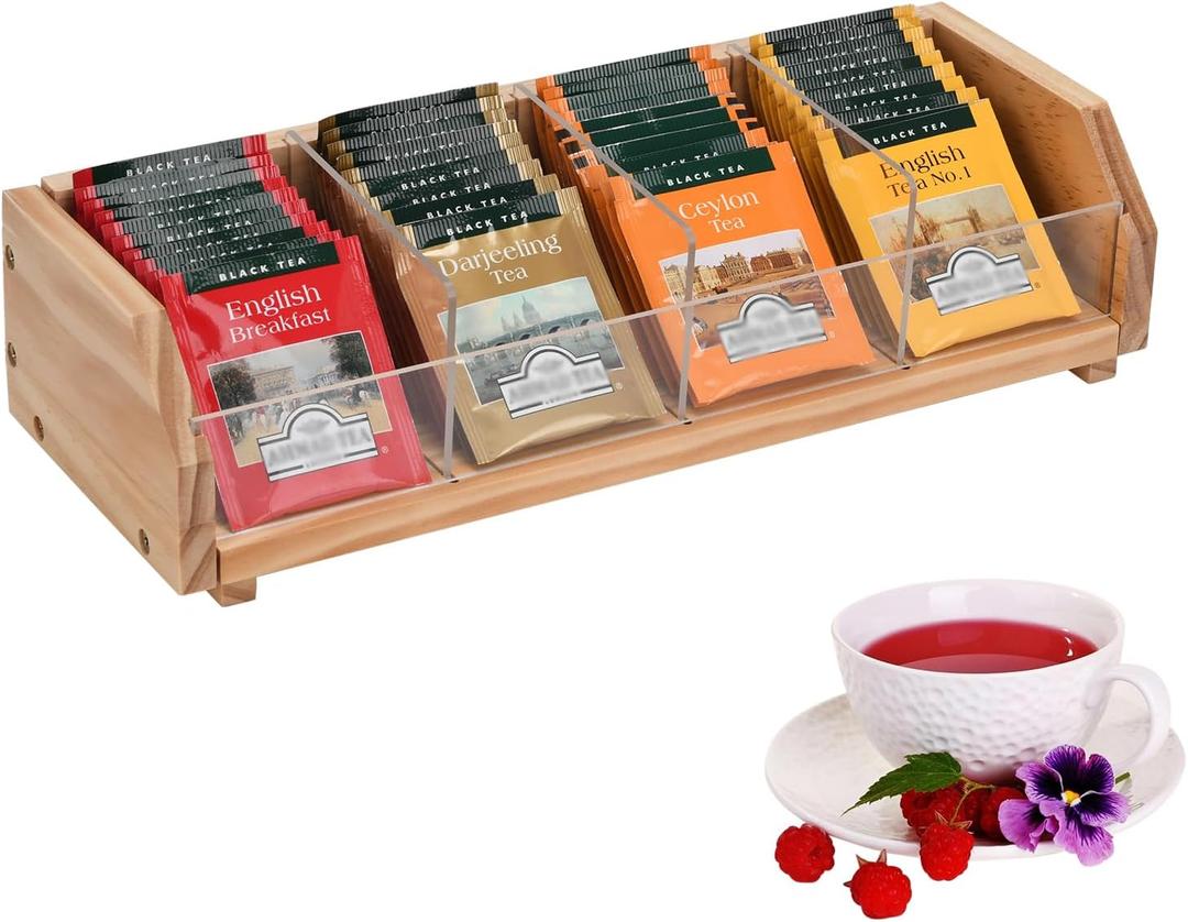 Tea Bag Storage Organizer Box with 4 Compartments, Pine Wood and Acrylic, 13.5 x 4.9 x 3.1 inches for Drawer, Cabinet, Countertop, Tea Tray (Wood)