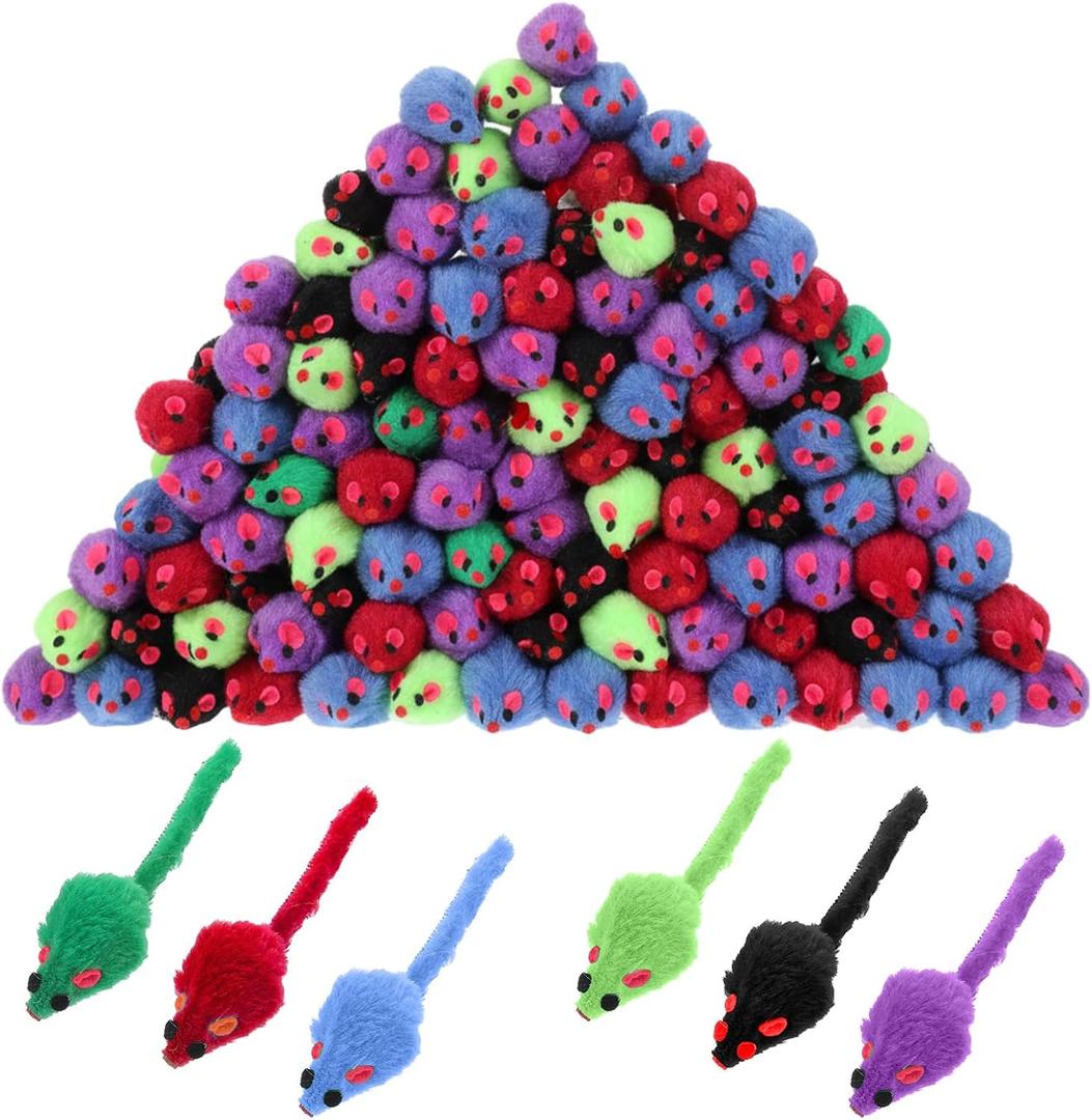 120 Pcs Assorted Fur Mice Cat Toys with Rattle Sound, Interactive Rattle Mouse Cat Toy for Indoor Play, Stimulating Hunting Instincts for Kittens and Cats - Color Varies