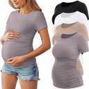Huukeay 4 Pack Women's Maternity Shirts, Crew Neck Maternity Top Short Sleeve Casual Cotton Tee Side Ruched Pregnancy Clothes (Black, Grayish Purple, Khaki, White), S