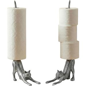 Comfify Yoga Cat Decorative Paper Towel Holder or Toilet Paper Holder - Adorable Downward Dog Pose Kitty- Cast Iron Paper Towel Stand - Antiqued Cast Iron White Color - 18.5" - Silver with Black