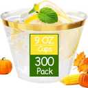 Ciaell 300PCS Gold Plastic Cups - 9Oz Heavy Duty Plastic Cups - Gold Rimmed Disposable Cup - Disposable Clear Wine Cup with Gold Rim for Party & Wedding & Thanksgiving