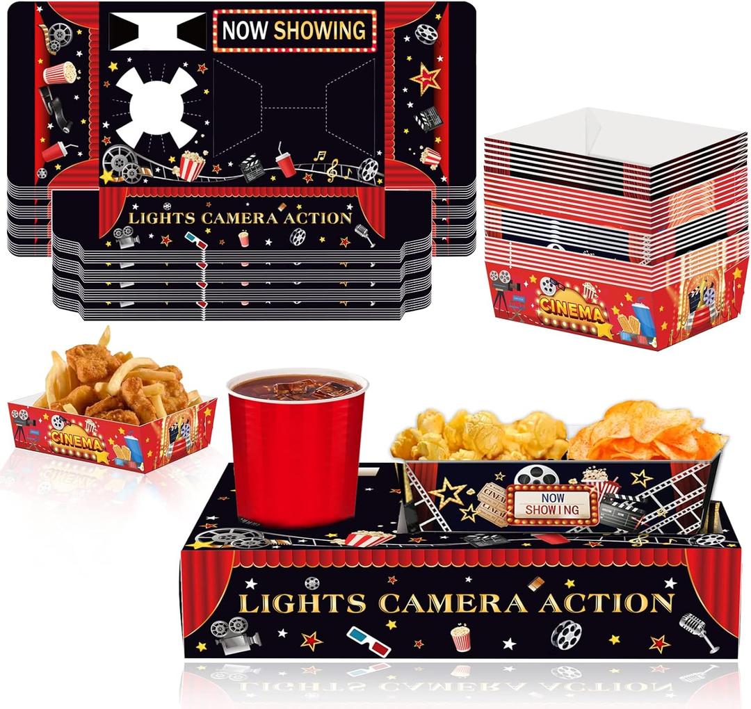 48PCS Movie Night Party Supplies, 24 Snack Tray Boxes & 24 Small Food Trays Disposable Movie Night Snack Trays Popcorn Food Drink Holder for Cinema Movie Birthday Party