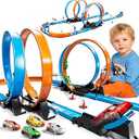 LILYBUDS Toy Car Track Gift Set for Boys Kids Age 3-5 4-7 8-12, Long Race Tracks with 4 Action Loops and 4 High-Speed Slot Die-Cast Race Cars, 35+ Pieces Race Tracks to Create Multiple Configurations