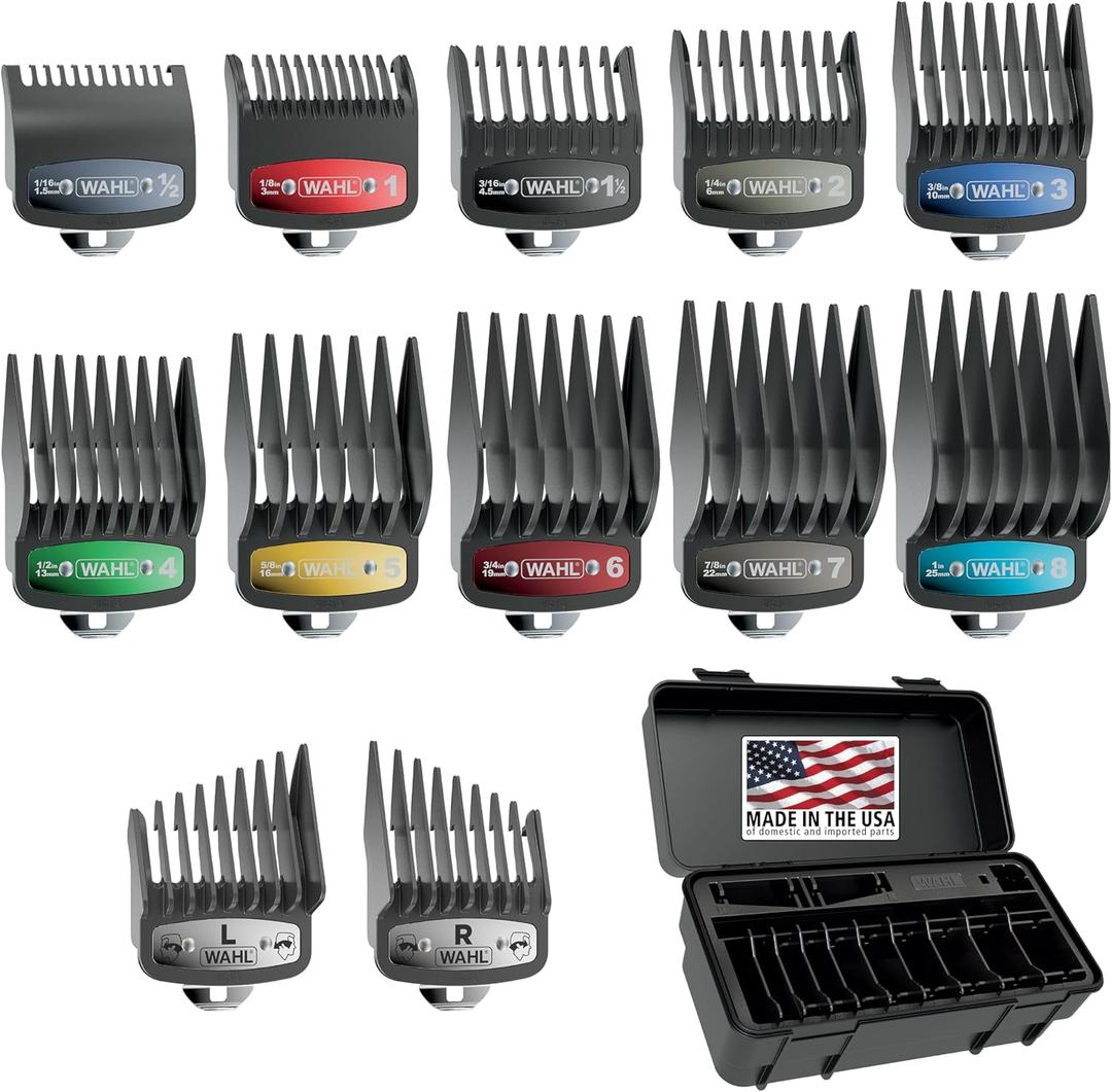 Wahl Genuine SECURE-SNAP Guide Comb Set with Colored Metal Clips and Guard Organization Caddy, 12 Full Size Attachment Guards from 1/16 to 1 for Increased Cutting Performance Grey - 3291-300
