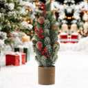Small Christmas Tree with Red Berries Balls in Brown Pot, 17.7 inch Snow Frosted Artificial Mini Christmas Tree, Flocked Christmas Artificial Pine Tree in Tin Planter Christmas Decor