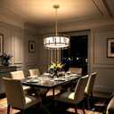 17.7" Gold Drum Chandelier for Dining Room, Geometric Modern Chandelier | 4-Light Modern Chandelier with White Fabric Shade, Adjustable Height Drum Chandeliers for Foyer Kitchen Island Bedroom, 17.7" W 7.1" H