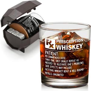 Prescription Whiskey Glass, Funny Rocks Glass & Bourbon Barrel Set for Brother Boyfriend Father Husband Coworker on Christmas & Birthday, White Elephant Cool Gag Gifts for Men