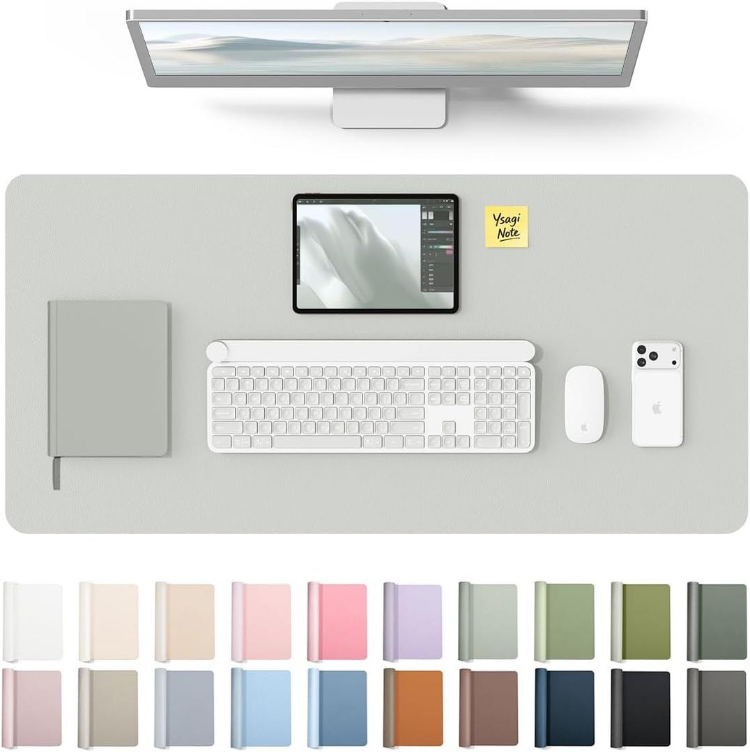 YSAGi Leather Desk Protector, Office Mat, Large Mouse Mat, Non-Slip PU Leather Blotter, Laptop Desk Mat, Waterproof Writing Pad for Office and Home (Light Grey, 35.4" x 17")