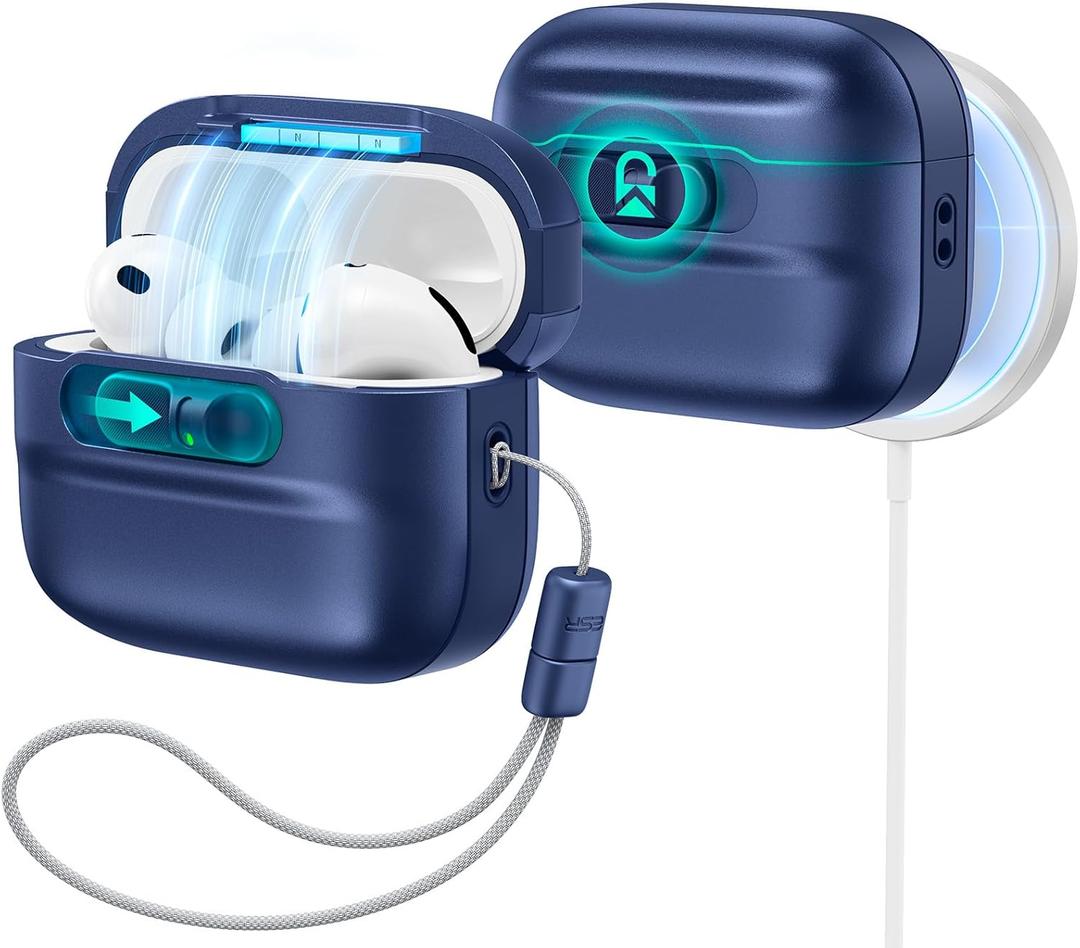 ESR for AirPods Pro 3 Case (2025), Compatible with AirPods Pro 3 (USB-C Cable), MagSafe Ready, Magnetic Lid Lock, Full Drop Protection Cover with Lanyard, Navy Blue