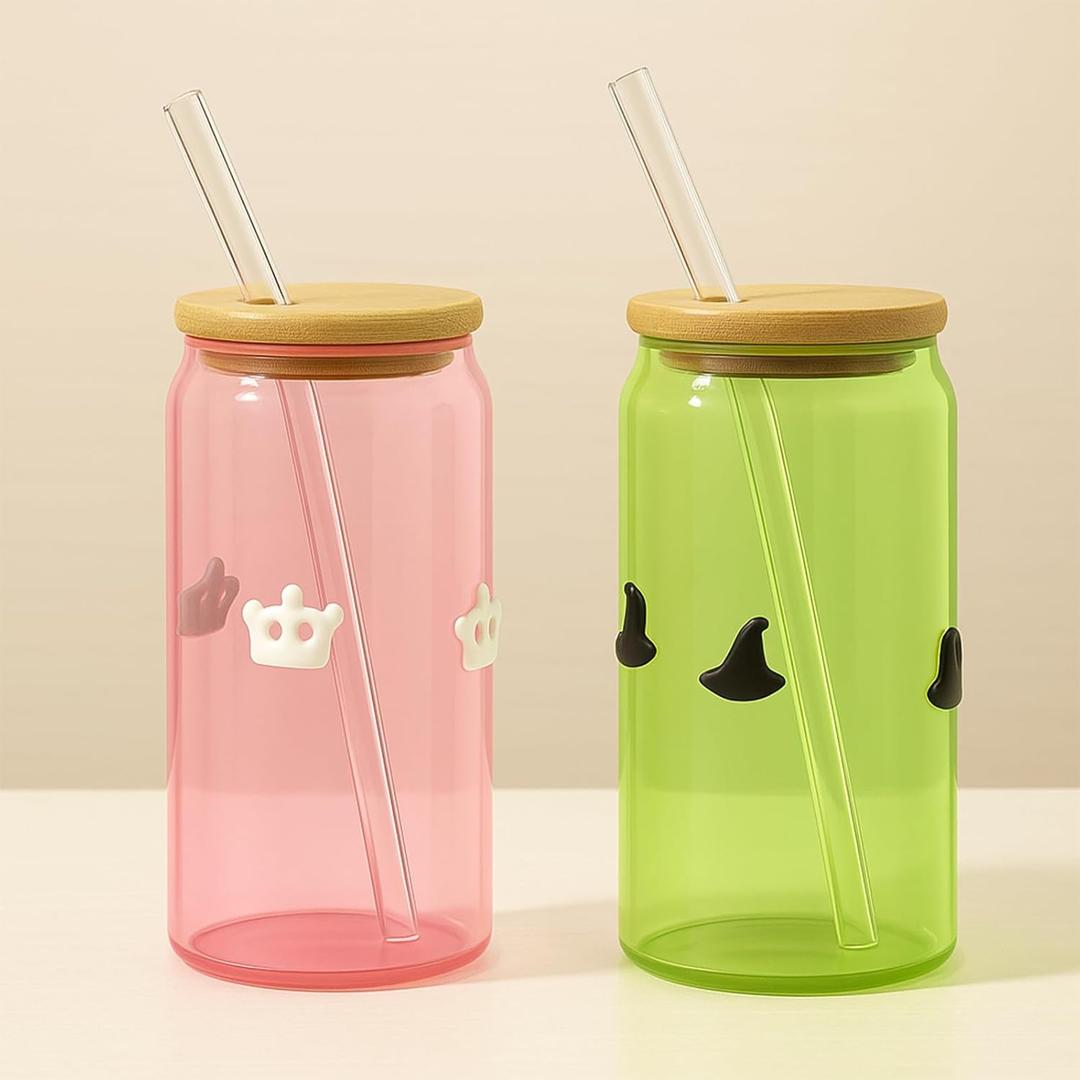Honeydak 2 Pcs Pink Green Icon Juice Glass Tumbler with Lid & Straw - 16 oz Drinking Glasses Coffee Beer Soda Can Shaped Cups for Holiday Princess Witch Party Supplies Gifts