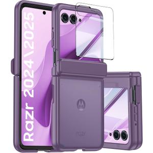 for Motorola Razr 2025 Case/Razr 2024 Case with Hinge Protection, Screen Protector, Ultra-Thin Skin Feel Translucent Frosted, Shockproof Cover for Razr 2025/2024-Purple (NOT for Plus/Ultra)