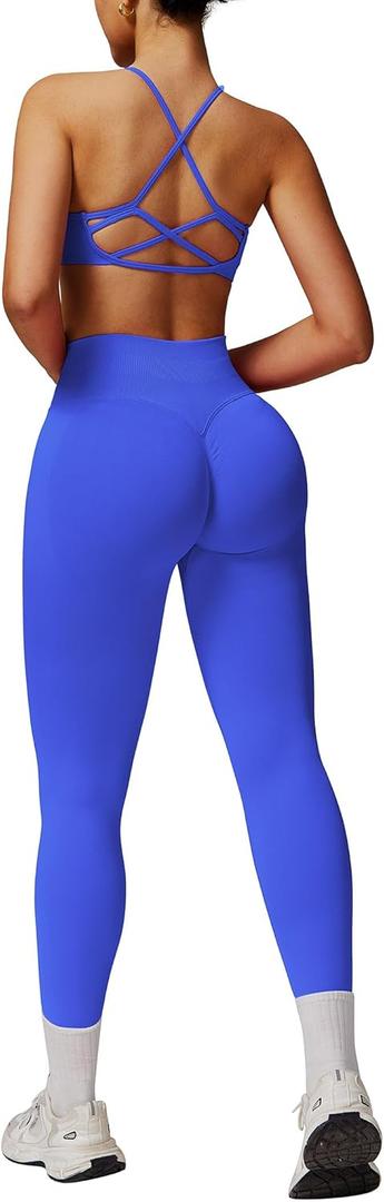 ABOCIW Workout Sets for Women 2 Piece Seamless HIgh Waist Scunch Butt Lifting Leggings Strappy Sports Bra Gym Outfits (Medium, Electric Blue)
