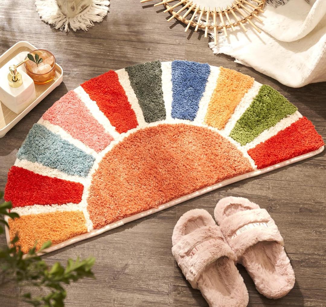 Large Sunrise Boho Bathroom Rugs, Cute Half Circle Bath Mat, Colorful Sun Bath Mats, Retro Bohemian Bathroom Decor, Fun Semi Round Shower Rug Non-Slip, Aesthetic Washable Bath Rug 37"x 20" (Sunrise-big)