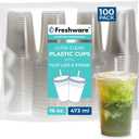 Freshware Clear Plastic Cups with Flat Lids and Straws [100 Cups - 16 oz] Disposable Cup for Iced Coffee, Smoothie, Milkshake, Cold Drinks, Translucent
