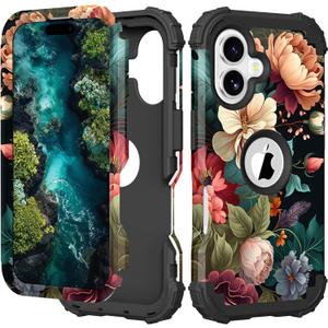 PIXIU Unique Flower Pattern Compatible with iPhone 17 6.3 inch case,Heavy Duty Dual Layer Shockproof Full-Body Protective Sturdy Hybrid Cute Rugged Case for Women,Girls,Kids-Black Flower (T77)