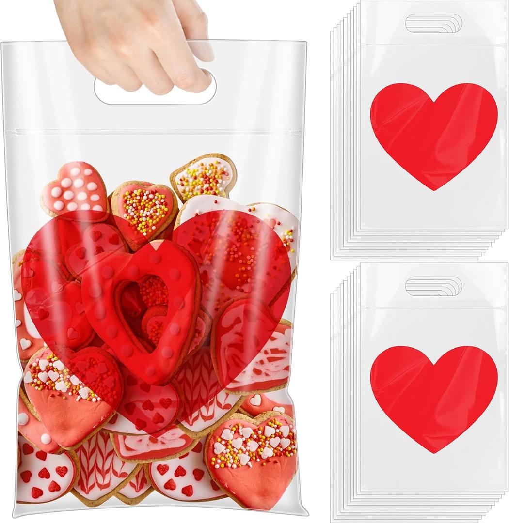 Kolldenn 100 Pcs Valentine's Day Heart Treat Bags with Handles Clear Plastic Gift Bags for Candy, Cookies & Snacks Bulk Valentine Goodie Bag for Party Favors & Bakery Packaging