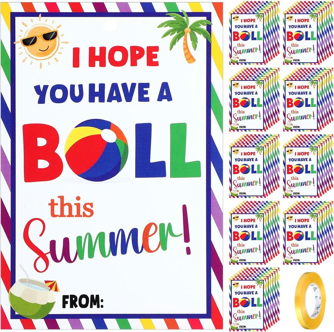 Motiskyy 50 Sets End of Year Student Cards Last Day of School Card with String Summer Holiday Gift for Classroom Graduation Party Teacher Student Award(Beach Ball)