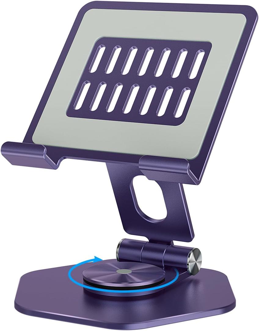 Aluminum Tablet Stand for Desk, 360 Swivel iPad & Tablet Holder  Thickened Material & Foldable Desktop Mount for 512.9in Devices, Purple