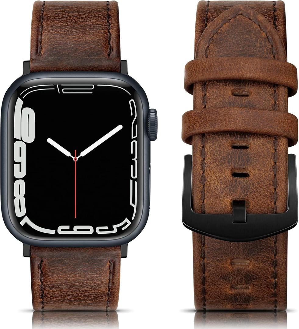 Leather Bands Compatible with Apple Watch 45mm 42mm 44mm Band Men Women, Vintage Genuine Leather Wristband Replacement Band Compatible for iwatch Series 9 8 7 6 5 4 3 2 1 SE3 (Distressed Walnut)