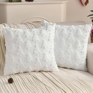 2 x HAUSSY Christmas Throw Pillow Covers 18x18 Set of 2, Decorative Tree Pillow Cases,Soft Faux Fur Winter Cushion Case for Xmas Home Decor,Couch Bed, Living Room,White