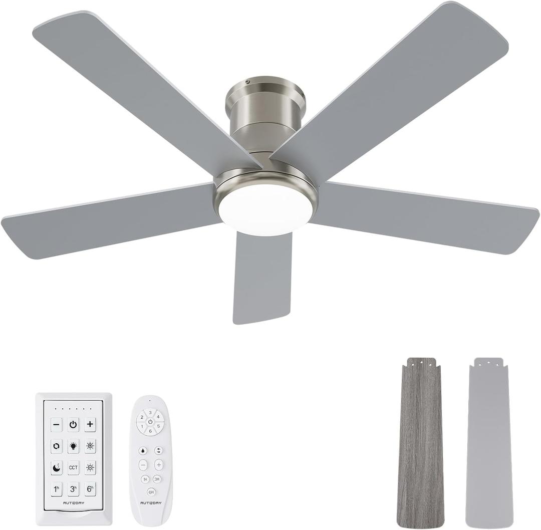 42 Inch Ceiling Fans with Lights and Remote - Brushed Nickel Flush Mount Ceiling Fan with Light Low Profile, 6 Speeds, Quiet DC, 3CCT Dimmable, Indoor Outdoor Ceiling Fans for Patios Bedroom