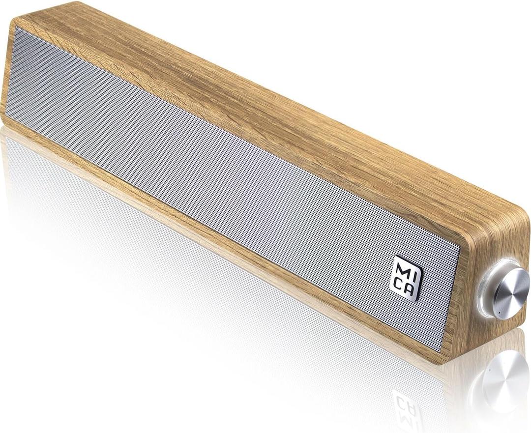 MICA Computer Speakers, Vintage Wired Computer Sound Bar, Retro Wooden Mini Soundbar, USB Powered PC Speakers for Desktop Monitor, Laptop, Tablet, 3.5mm Aux Connection, Angled (Yellow)