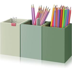 3 Pcs Sage Green Wooden Pen Holder for Desk Pencil Cup Desktop Organizer Storage Case Makeup Brush Holder Accessories Supplies for Office Home Study Room(Sage Green)