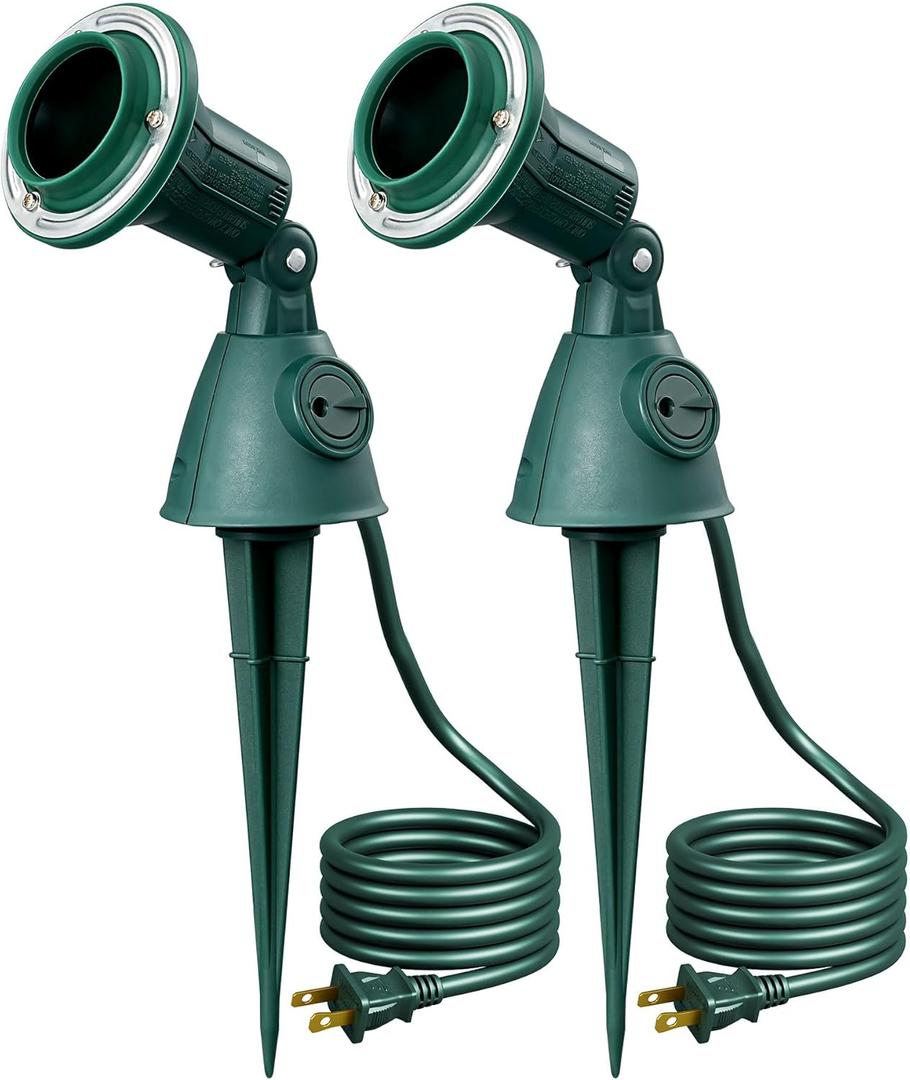 EDISHINE Dusk to Dawn 120V Outdoor Spotlight, Waterproof LED Outdoor Flood Stake Lights, E26 Base, Max 150W PAR38 Bulb (Not Included), 6FT Cord, 90 Adjustable Head, 2 Pack