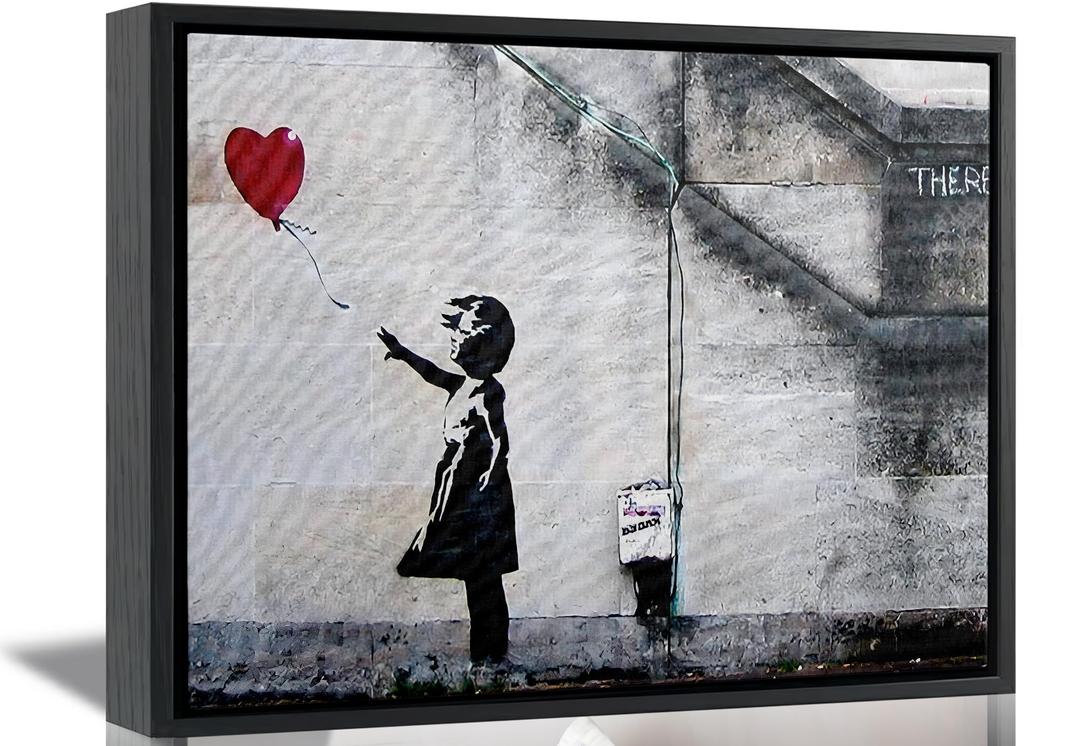 Black Framed Street Graffiti Canvas Wall Art Girl With Red Heart Balloon Painting Picture Wall Decor Modern Pop Art Poster Print Artwork for Bedroom Living Gallery Home Decoration 16inx24in